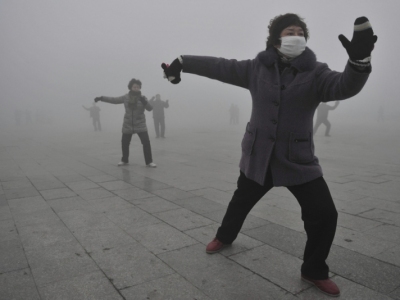Morning Tai Chi in China with dense, deadly air pollution