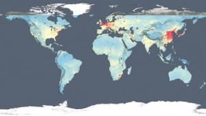 Omi's view of NO2 in 2014. Red denotes stronger emissions; the blues signify lower emissions